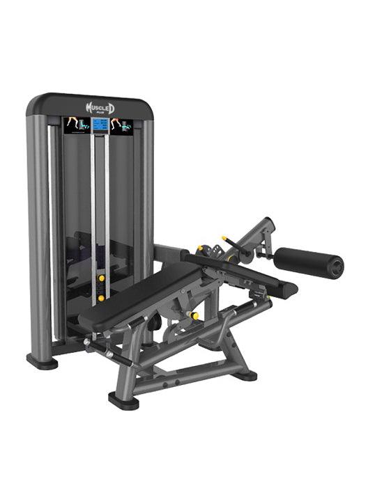 Gray and black leg extension and curl combo machine with a weight stack, seat, and leg pads.