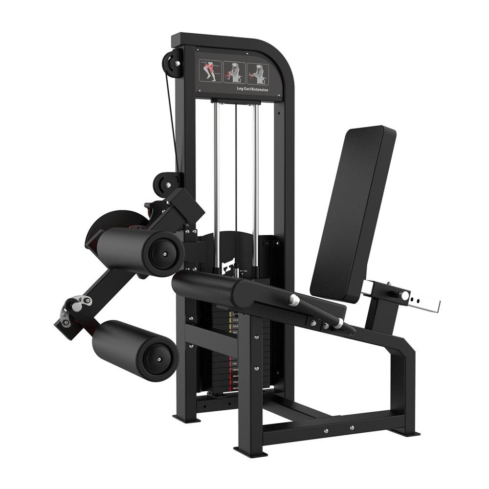Black leg extension and curl combo machine with weight stack and adjustable seat.