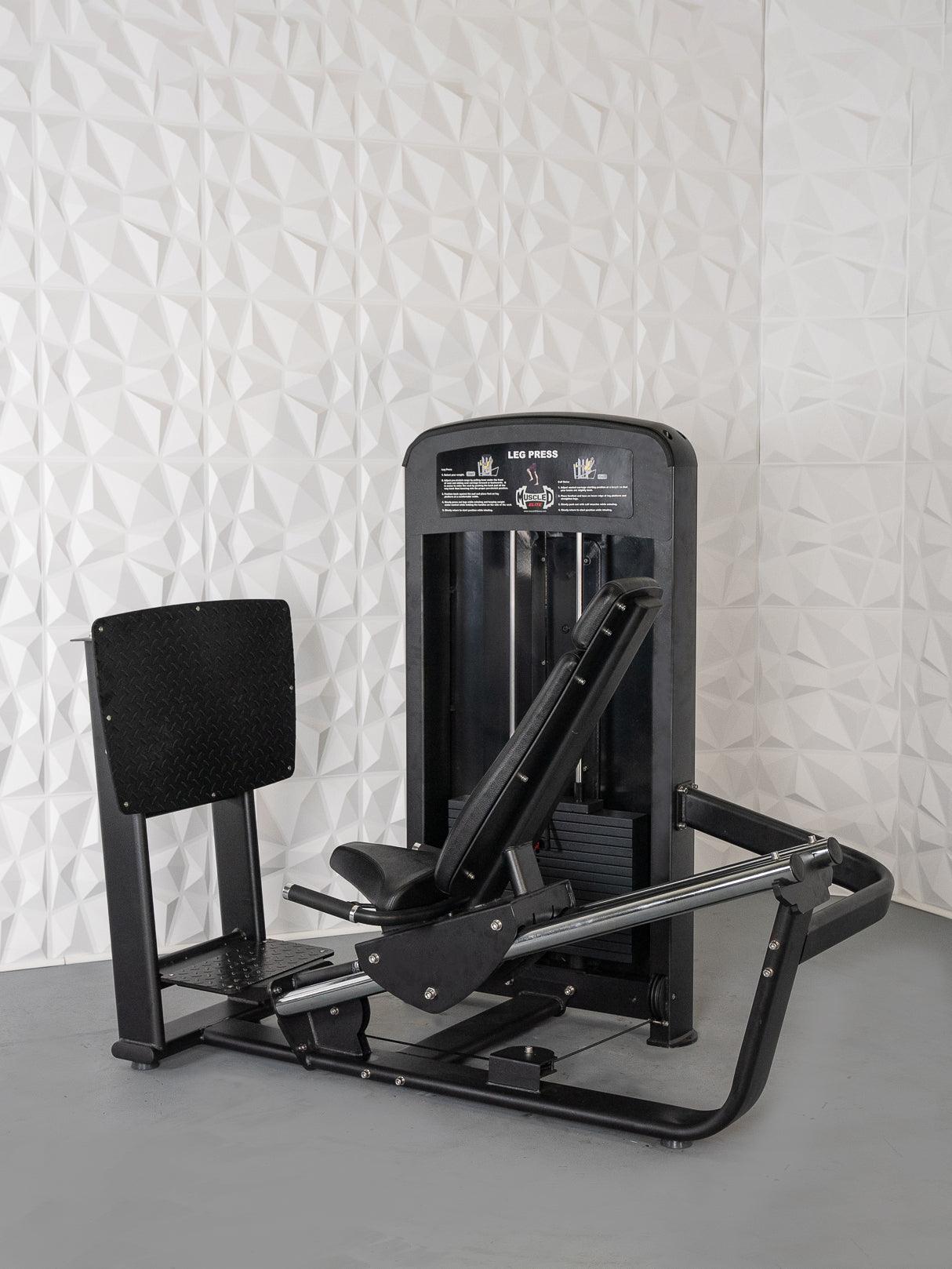 Black leg press machine with adjustable seat and pin selectorized weight stack.