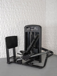 Thumbnail for Black leg press machine with adjustable seat and pin selectorized weight stack.