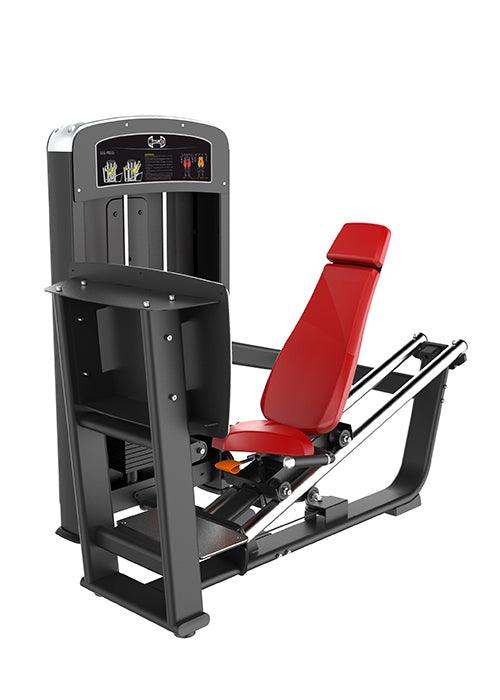 Black and red selectorized leg press machine with adjustable seat.