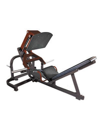 Thumbnail for Plate-loaded leg press machine with black footplate and padded seat on a white background.