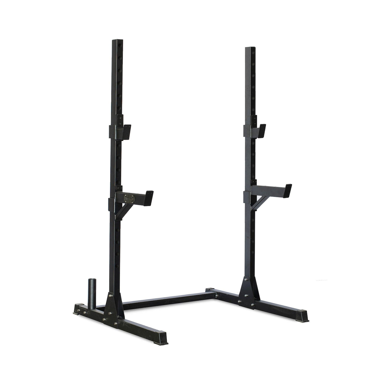 Black compact squat stand with adjustable J-hooks and vertical bar storage.