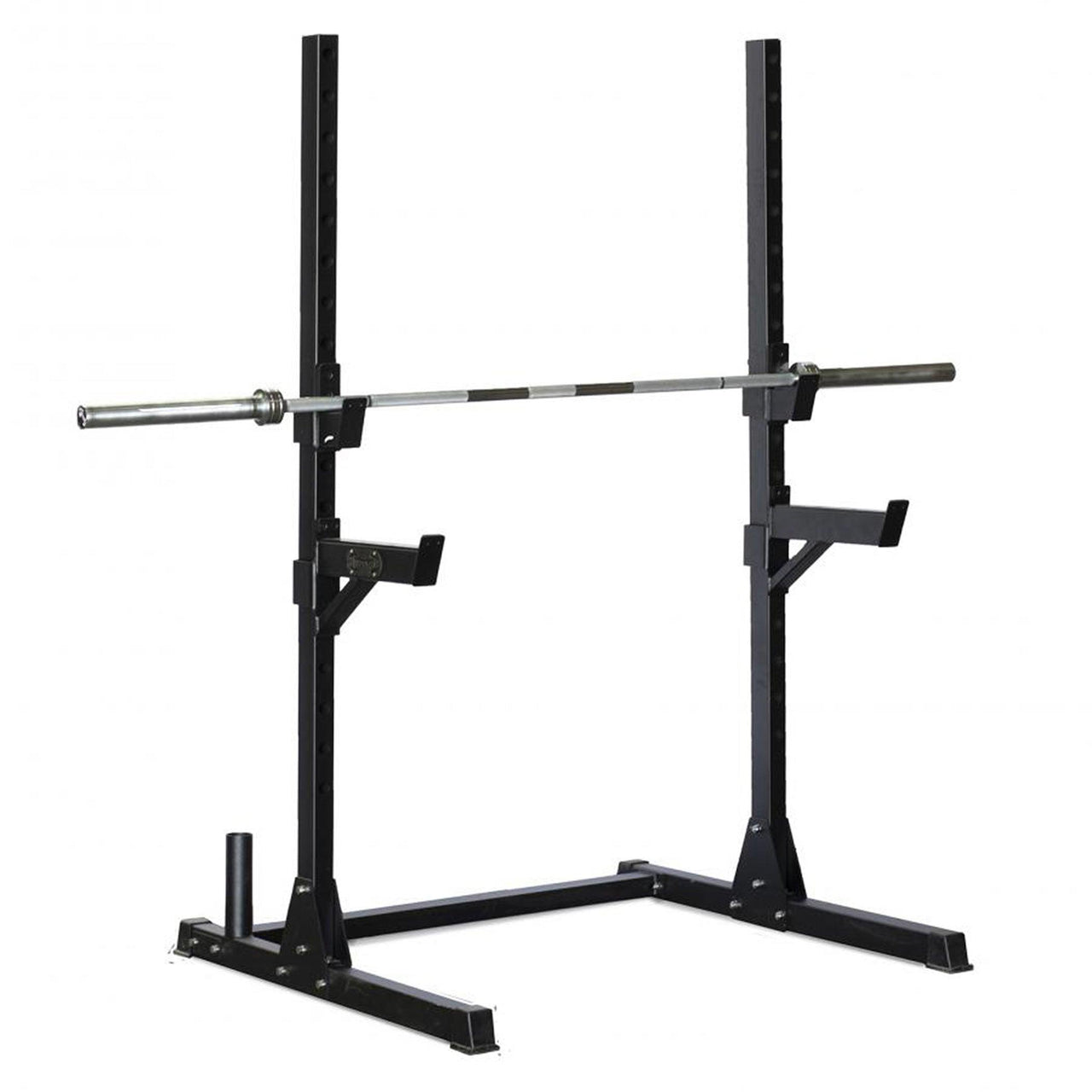 Black compact squat stand with a barbell resting on J-hooks and vertical bar storage.