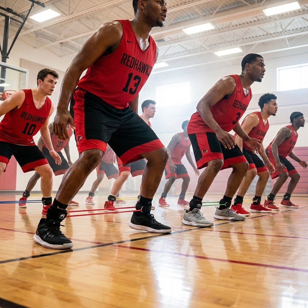 Basketball players in red jerseys and black shorts using lateral resistance bands during training.