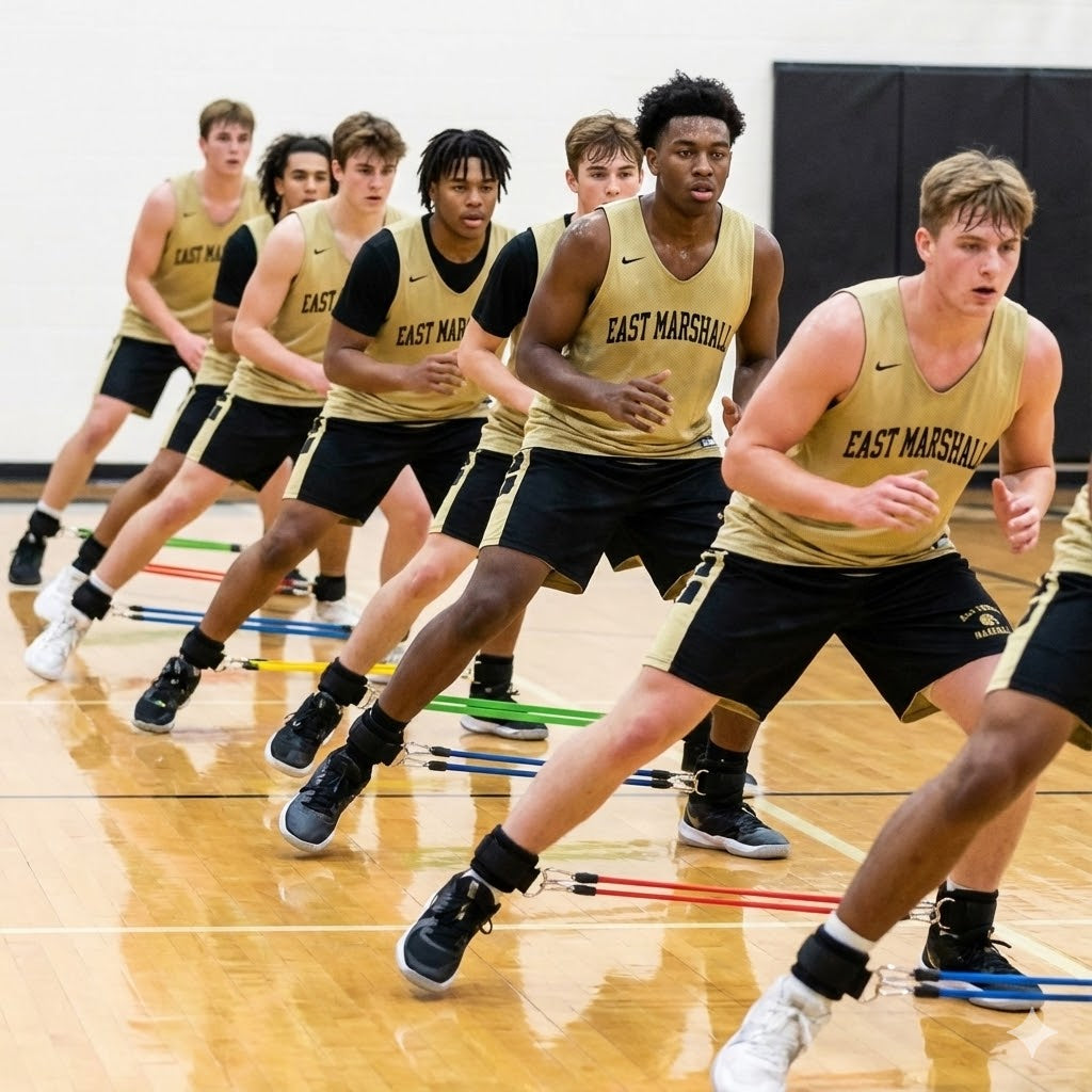 Basketball players in gold and black uniforms using lateral resistance bands during training.