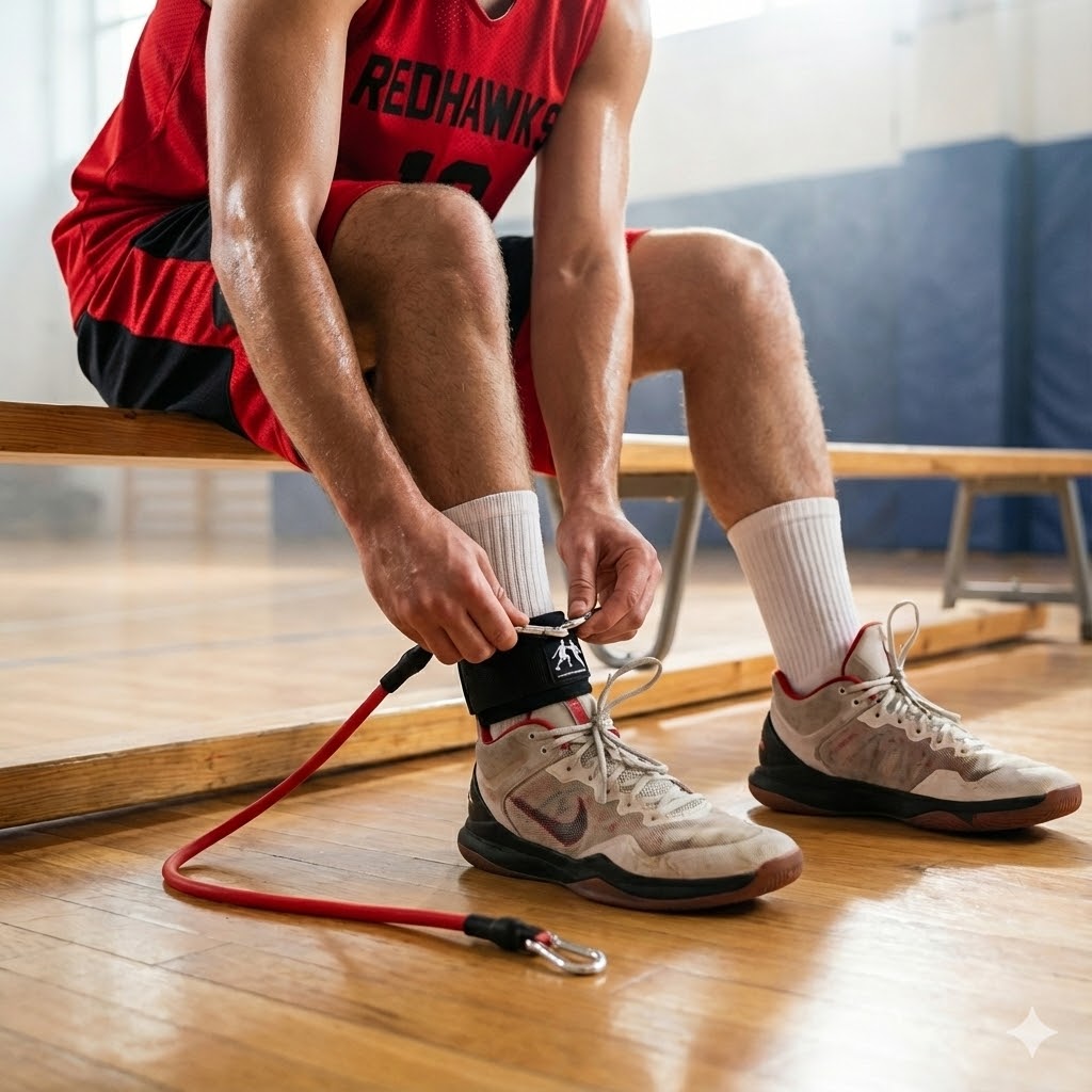 Athlete in red jersey attaching a red resistance band to an ankle strap on a basketball court.