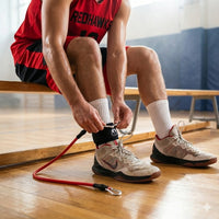 Thumbnail for Athlete in red jersey attaching a red resistance band to an ankle strap on a basketball court.