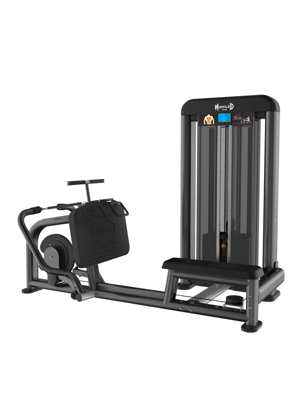 Black Muscle D Fitness Elite Plus Long Pull Row machine with weight stack and seat.