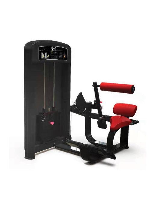 Black and red low back extension machine with weight stack and adjustable seat.
