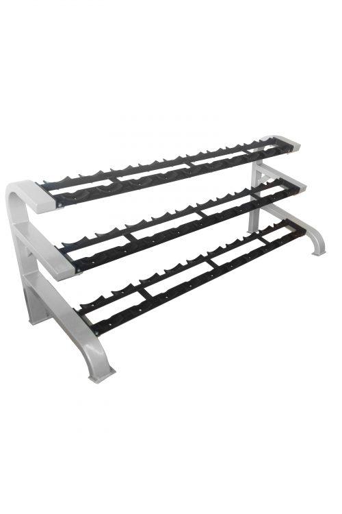 3-tier dumbbell rack with silver frame and black cradles, angled view.