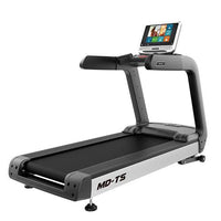 Thumbnail for Black and silver treadmill with a large touchscreen display showing app icons.