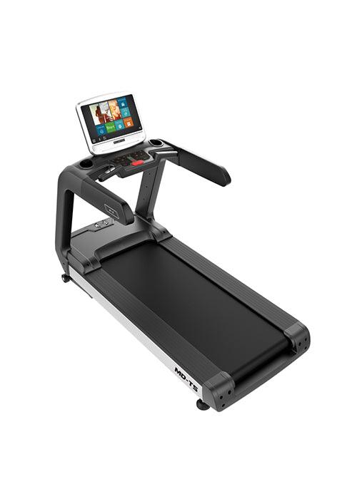 Black and white commercial treadmill with a large touchscreen display showing a tiled interface.
