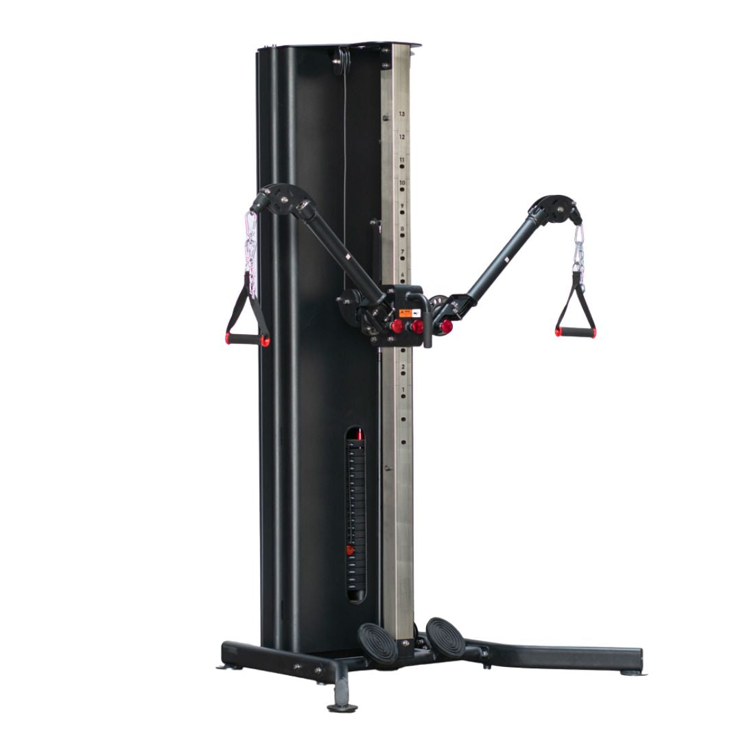 Black functional trainer with dual adjustable cable pulleys and triangular handles.