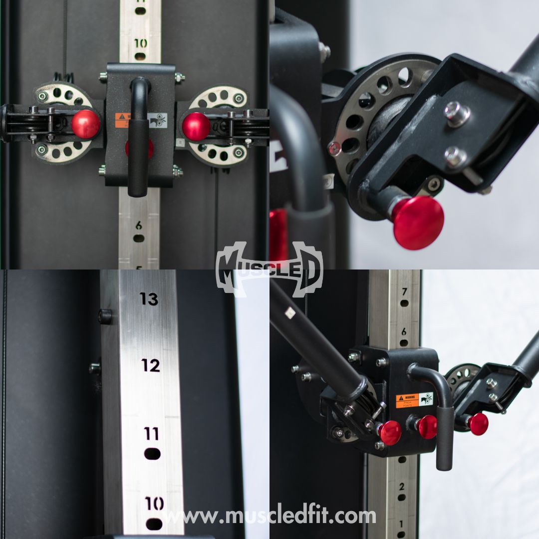 Close-up of a functional trainer's adjustable arms, showing red adjustment knobs and numbered height settings.