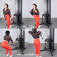 Thumbnail for Woman in red leggings demonstrating various exercises on a black dual adjustable functional trainer.