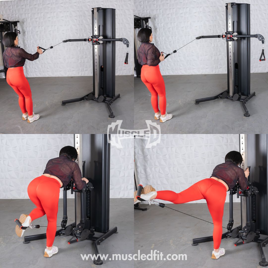 Woman using a dual adjustable functional trainer for various exercises.