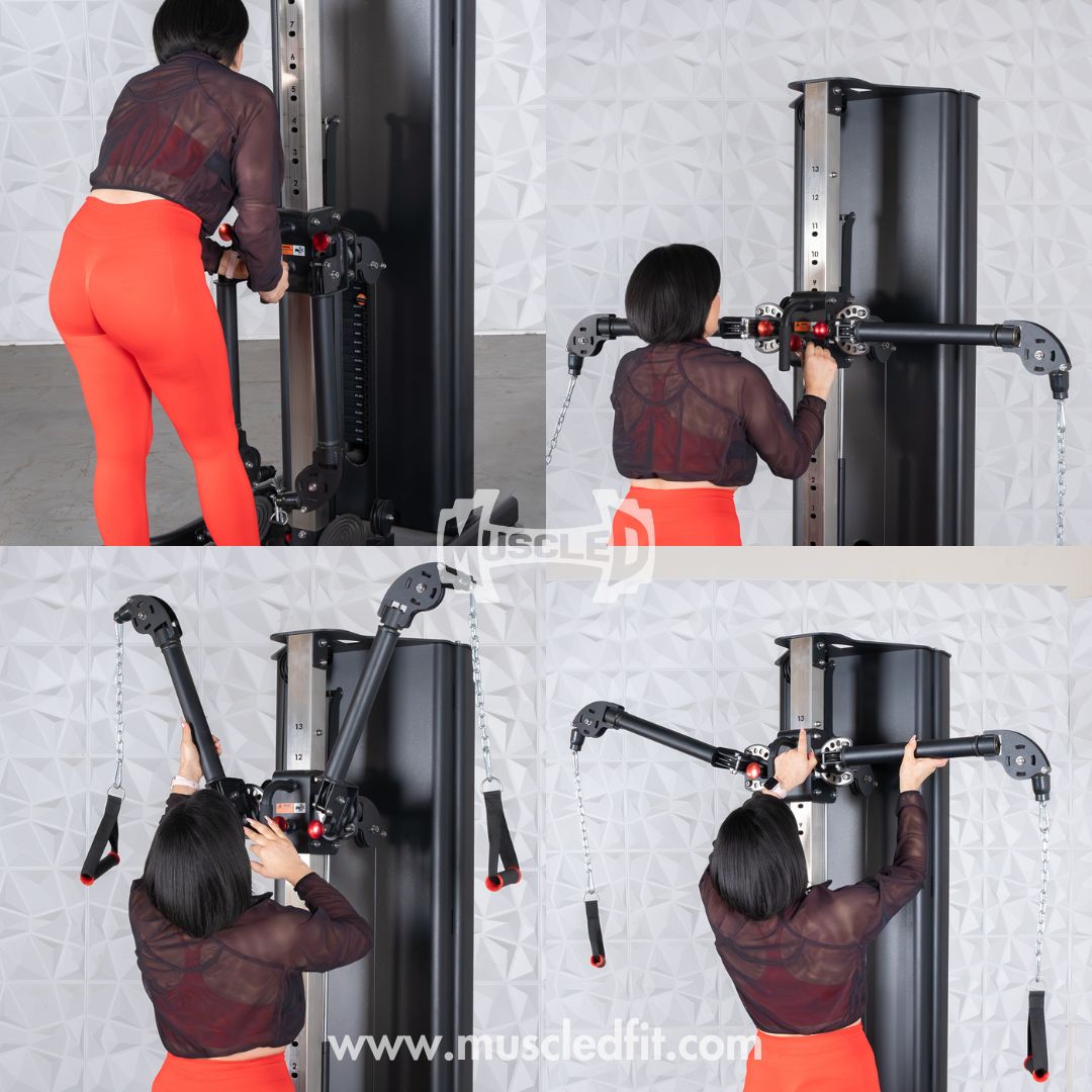 Woman adjusting the dual adjustable functional trainer's arms and height in four different positions.