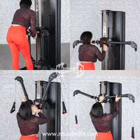 Thumbnail for Woman adjusting the dual adjustable functional trainer's arms and height in four different positions.