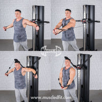 Thumbnail for Man performing chest fly exercises on a dual adjustable functional trainer, showing different cable positions.