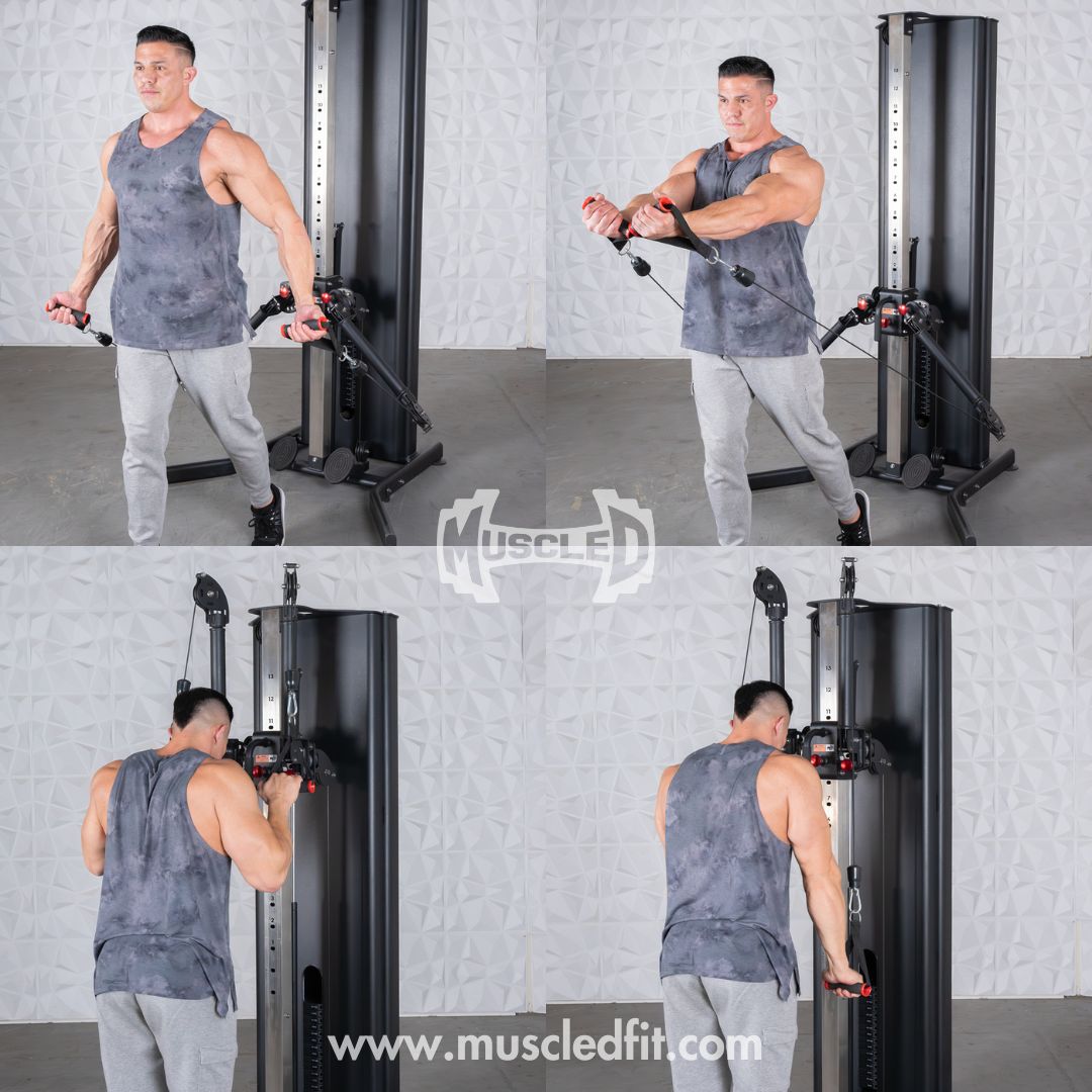 Man demonstrating exercises on a dual adjustable functional trainer, showing chest fly and triceps pushdown.