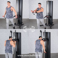 Thumbnail for Man demonstrating exercises on a dual adjustable functional trainer, showing chest fly and triceps pushdown.