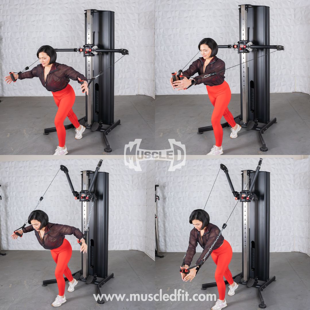Woman demonstrating chest fly exercises on a black dual adjustable functional trainer.