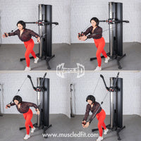 Thumbnail for Woman demonstrating chest fly exercises on a black dual adjustable functional trainer.