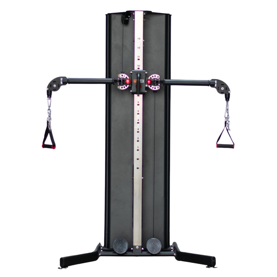 Black functional trainer with dual adjustable cable arms and red-accented handles.
