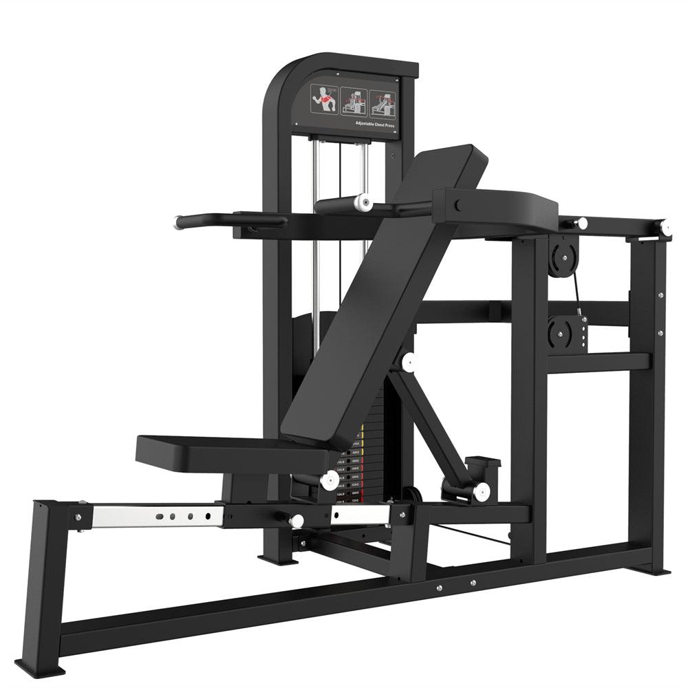 Black selectorized multi-press gym machine with adjustable seat and weight stack.