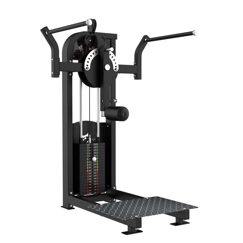 Black selectorized multi-hip fitness machine with weight stack, footplate, and adjustable arm.