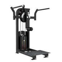 Thumbnail for Black selectorized multi-hip fitness machine with weight stack, footplate, and adjustable arm.