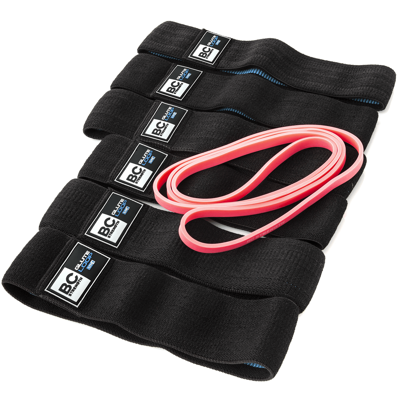 BC Strength Glute Loop + Band Package, six resistance glute loops and a hip thrust resistance band