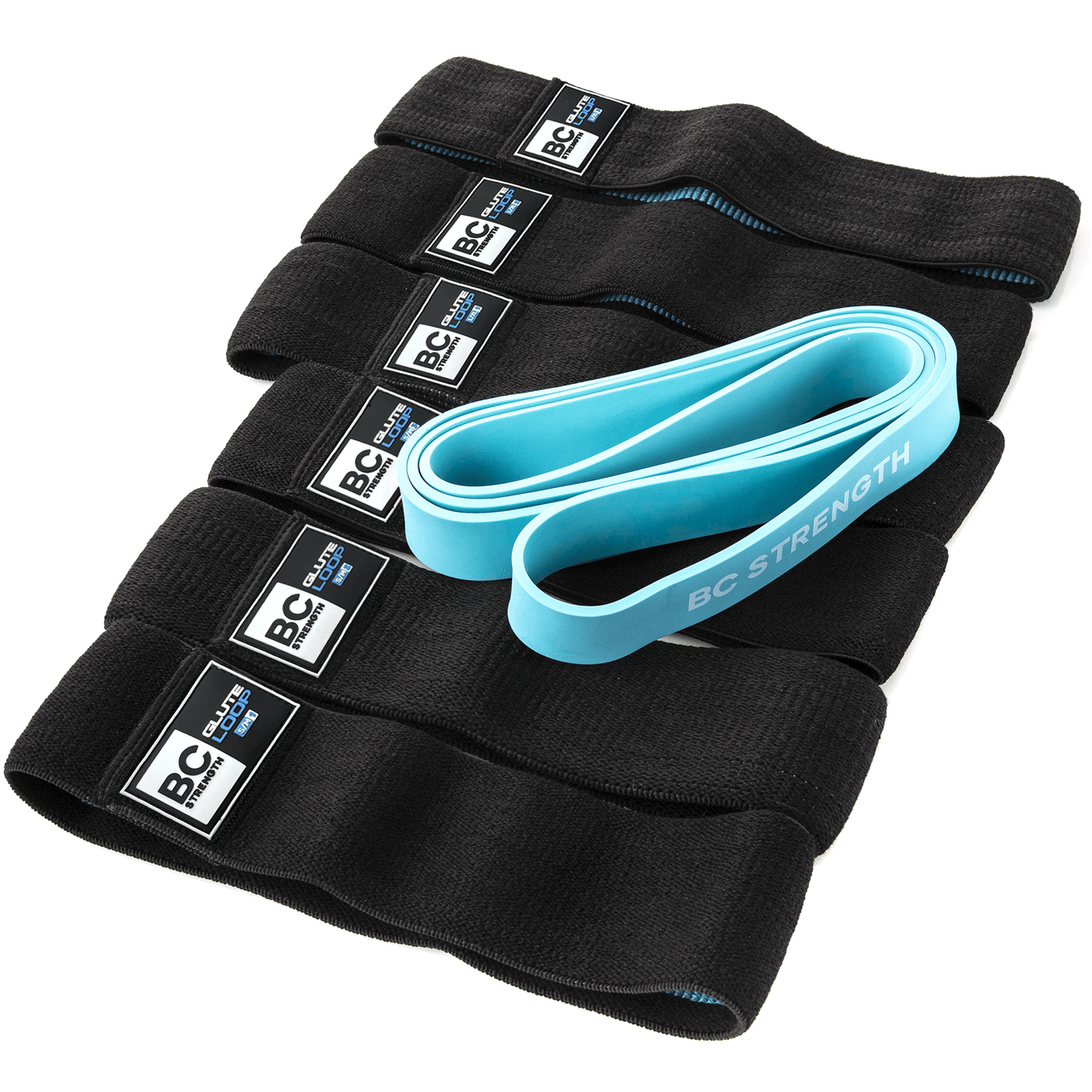 BC Strength Glute Loop + Band Package, six resistance glute loops and a hip thrust resistance band