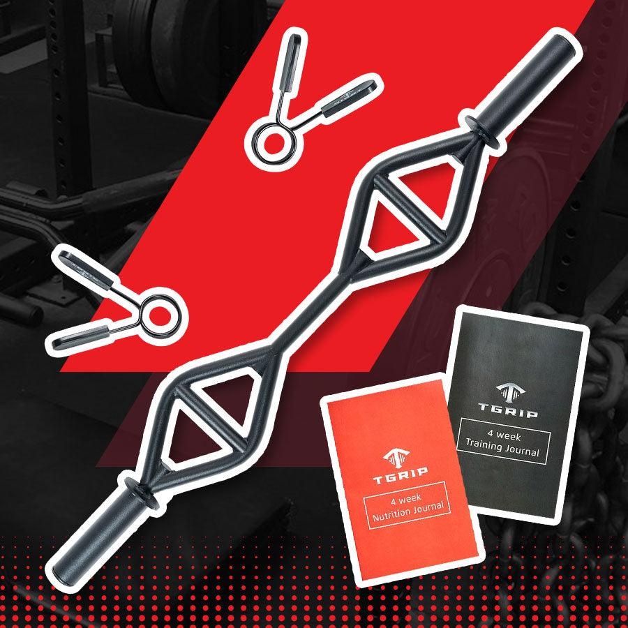 Black multi-grip bar, two spring collars, and two "TGrip" journals (red nutrition, black training) on red background.