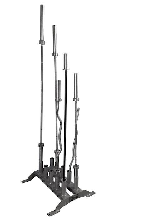 Vertical Olympic bar rack holding 5 barbells, including straight and EZ curl bars.