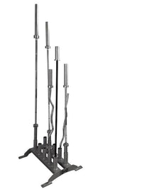Thumbnail for Vertical Olympic bar rack holding 5 barbells, including straight and EZ curl bars.