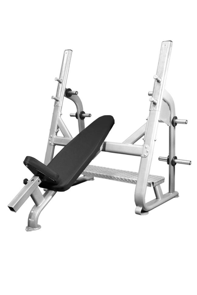 Silver commercial incline bench with black padding and diamond plate footrest.