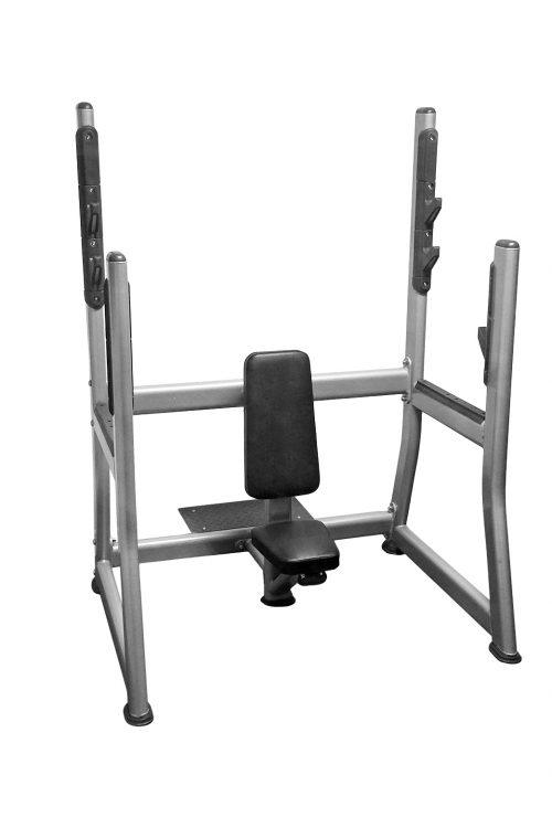 Silver Olympic military bench with black upholstery, weight storage pegs, and J-hooks.