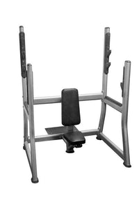 Thumbnail for Silver Olympic military bench with black upholstery, weight storage pegs, and J-hooks.