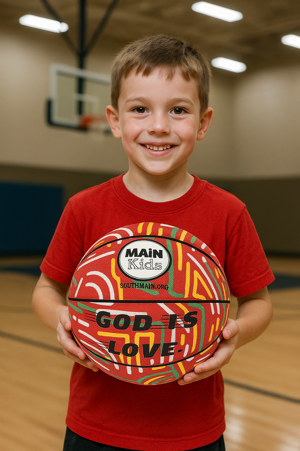 Youth camper holding custom basketball and camp bag