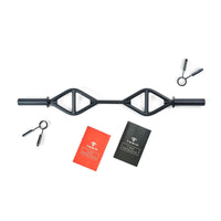 Thumbnail for Black multi-grip barbell with two spring collars, a red nutrition journal, and a black training journal.