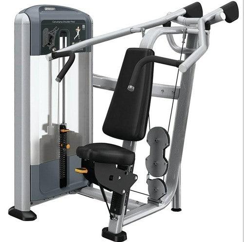 Precor Discovery Series selectorized shoulder press machine with black padded seat and gray frame.