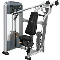 Thumbnail for Precor Discovery Series selectorized shoulder press machine with black padded seat and gray frame.