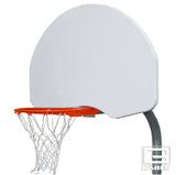 White basketball backboard with orange rim and white net, mounted on a curved grey pole.