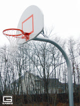 White basketball backboard with orange rim and net on a gray gooseneck pole, trees and house in background.