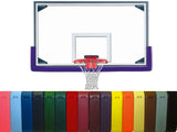 Basketball backboard with red hoop and net, purple padding, and a row of colorful backboard pads.