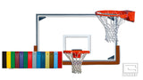 Basketball backboard with two hoops, nets, and a row of colorful backboard pads.