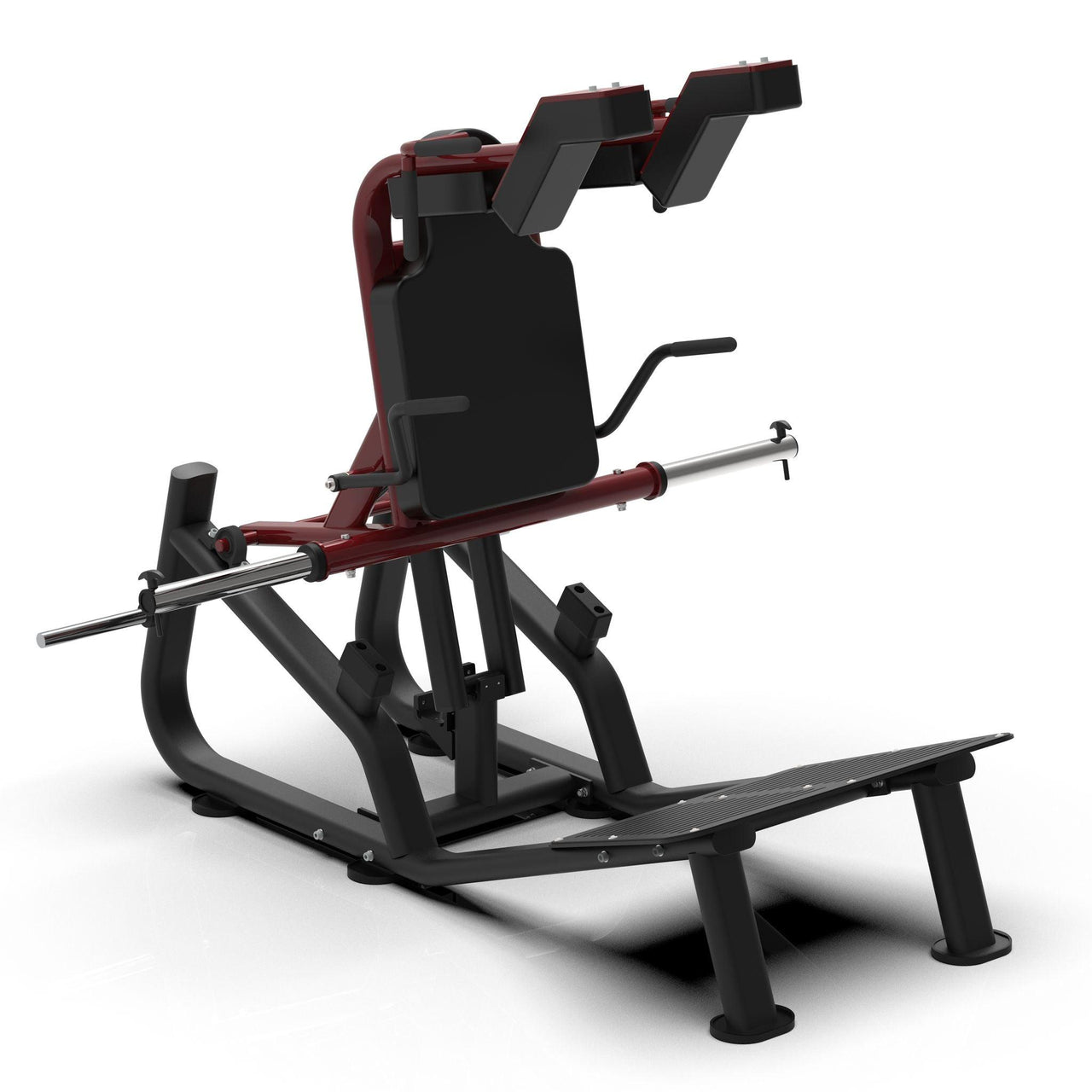 Red and black plate-loaded hack squat machine with shoulder pads, backrest, and foot platform.
