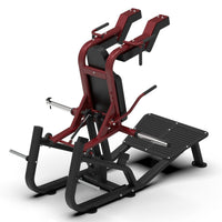 Thumbnail for Red and black plate-loaded hack squat and front squat machine with a large footplate.